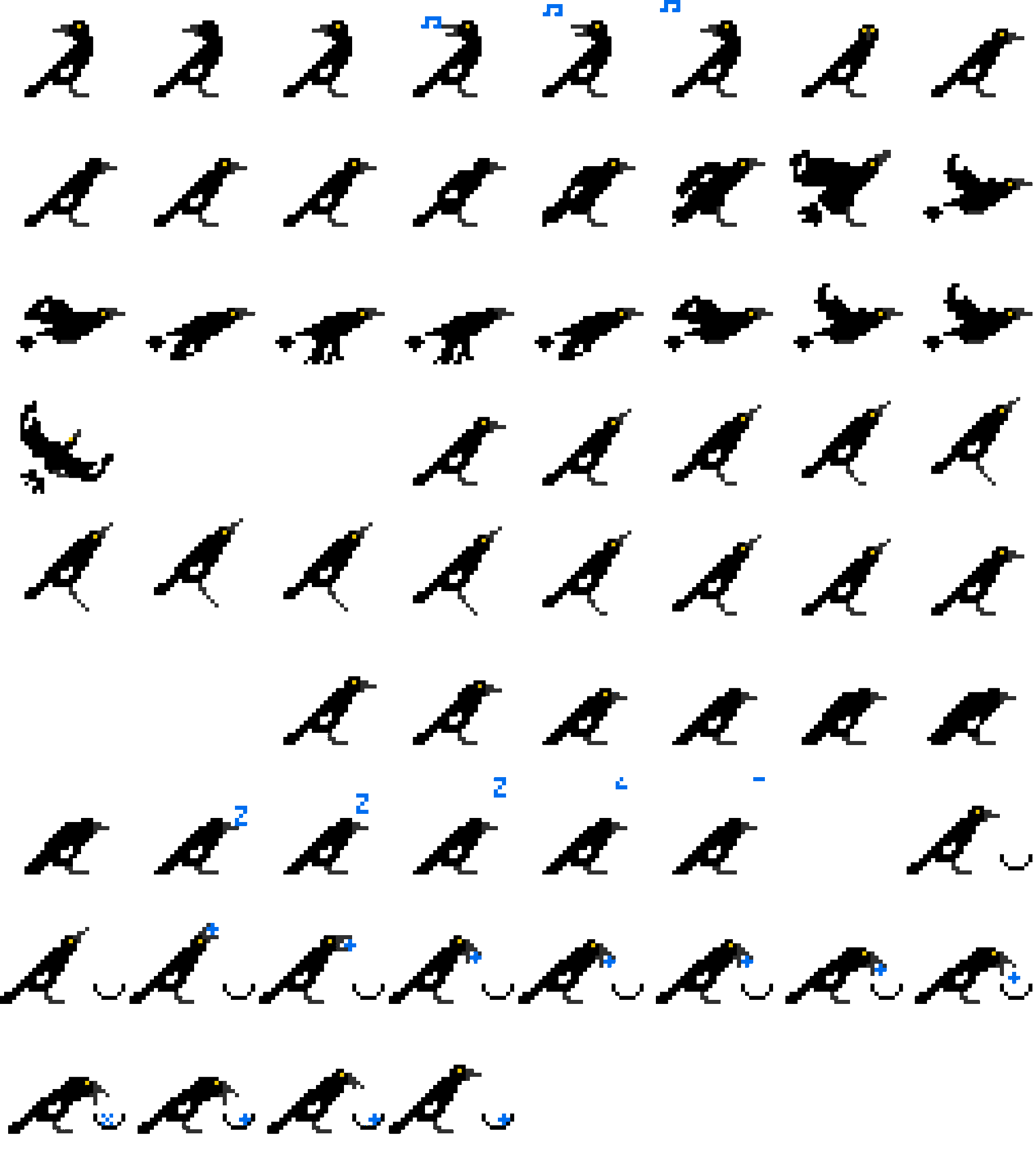 Sprite sheet of the pixel-art currawong: singing, flying, landing, sleeping and eating frames