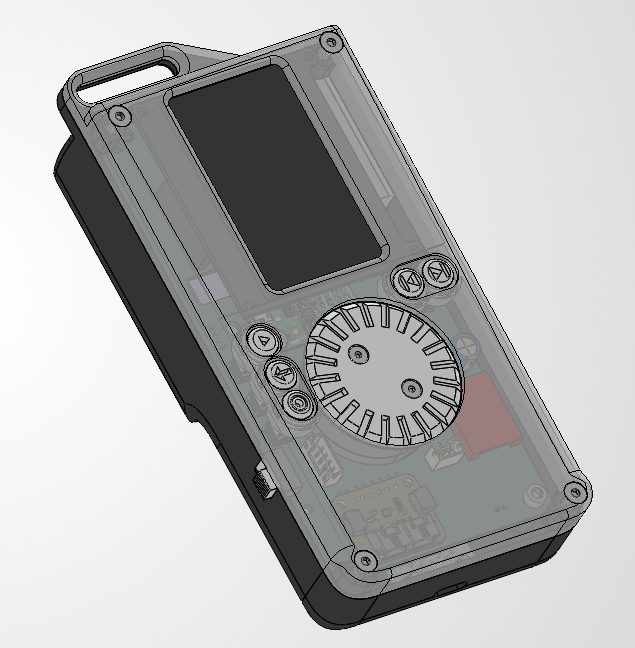 SolidWorks render of the final case: clear front over a black back