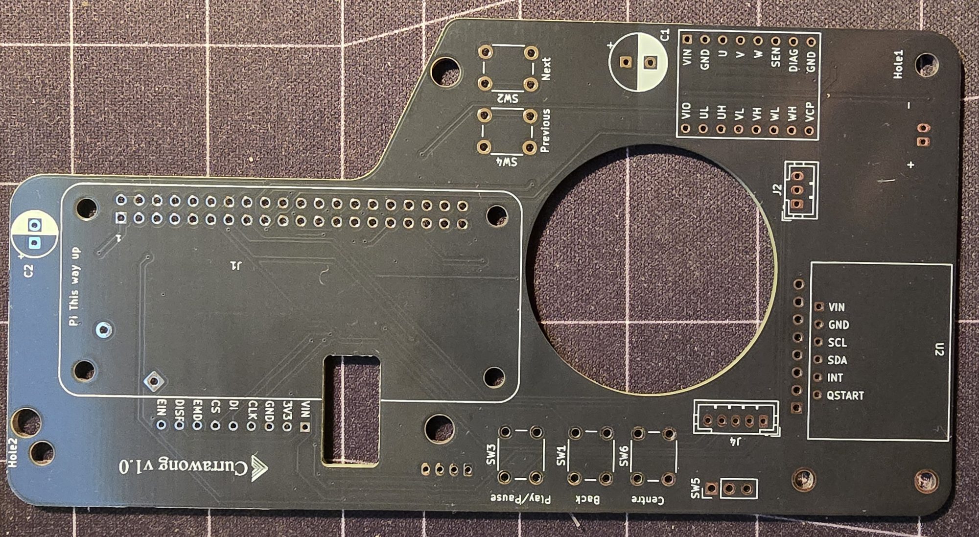 Bare Currawong v1.0 board, front, with footprints for the Pi header, buttons and driver