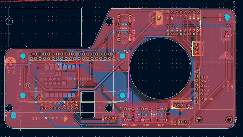 KiCad PCB layout of Currawong v1.0 with the round cut-out for the motor