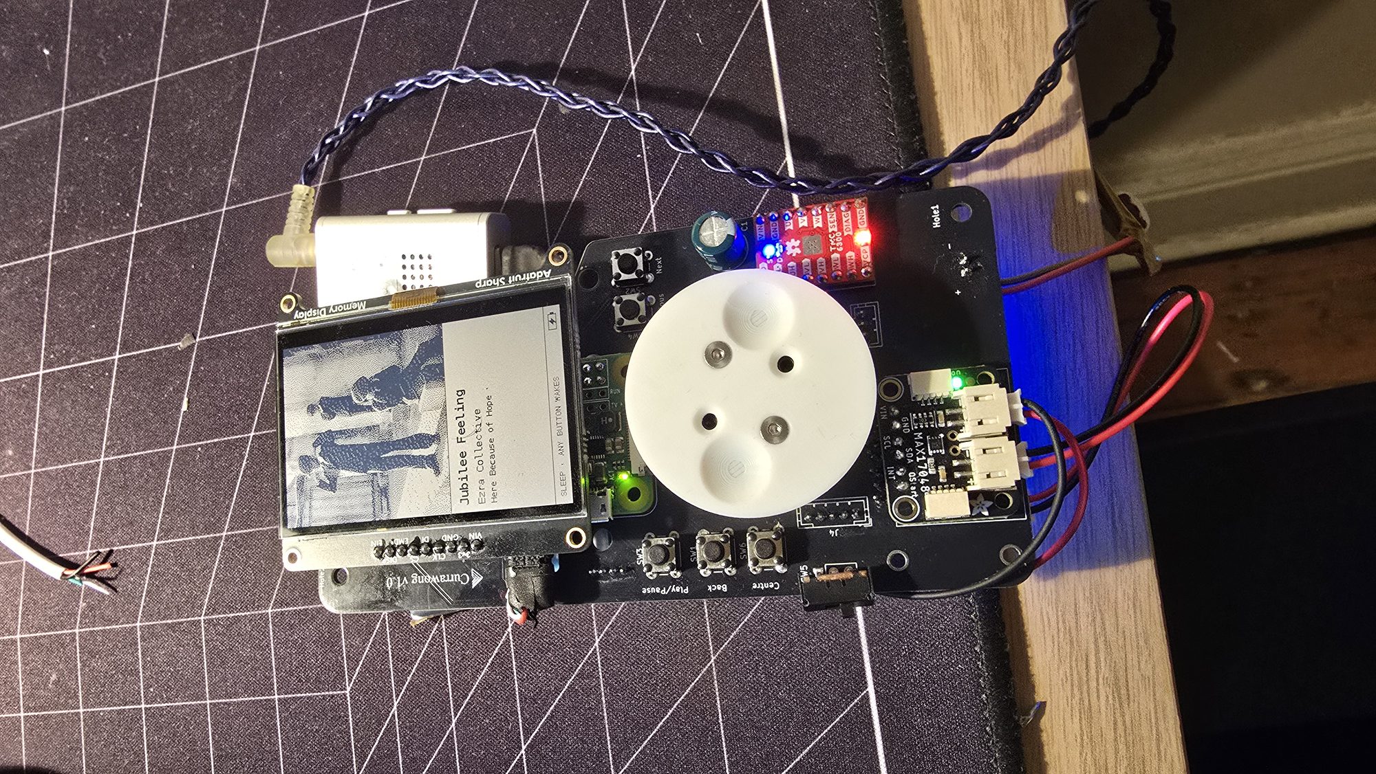 The assembled board from above, with the MAX17048 fuel gauge and battery leads on the right