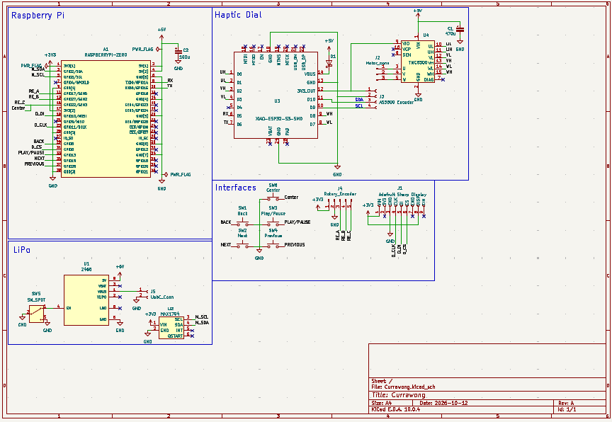 KiCad schematic with blocks for the Raspberry Pi, haptic dial, interfaces and LiPo