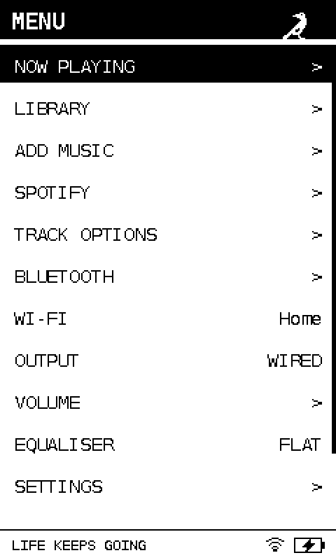 Main menu with the currawong in the corner